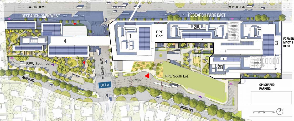 Architectural site plan of UCLA Research Park East with buildings, pathways, and green areas.