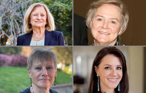Photo collage featuring head shots, clockwise from top left, of UCLA professors Eva Baker, Elizabeth Ligon Bjork, Angela Riley and Ursula Heise