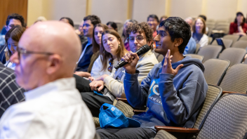 Student asking question at 135th Faculty Research Lecture